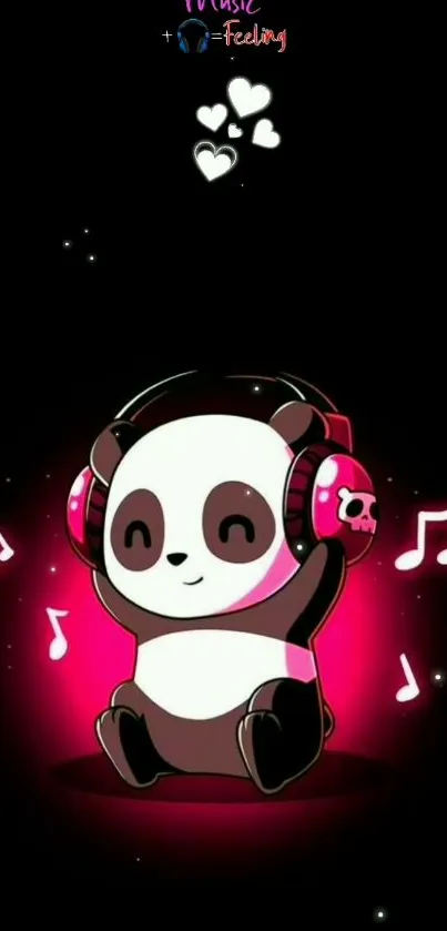 Cute panda with headphones on a black background, music notes around.