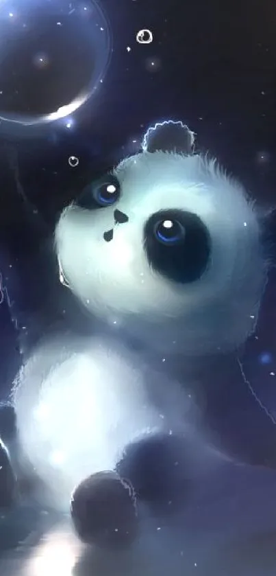 Cute panda in a glowing night scene with bubbles, perfect for mobile wallpaper.