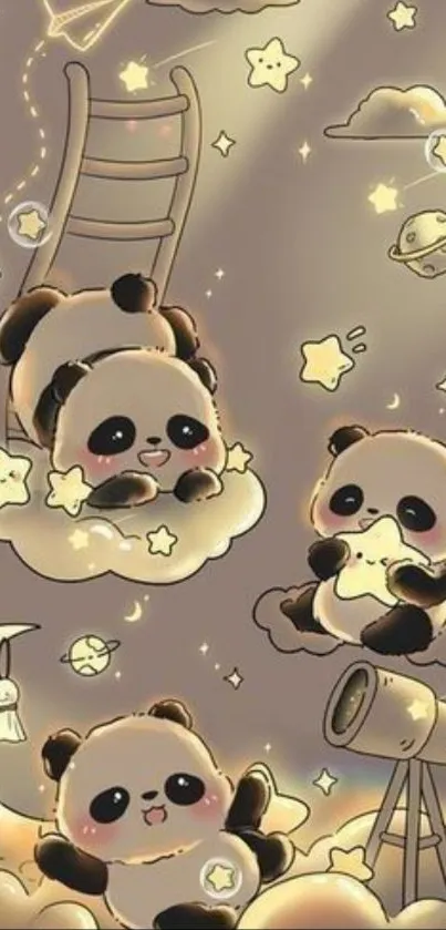 Cute panda cartoon with stars and clouds on a night sky backdrop.