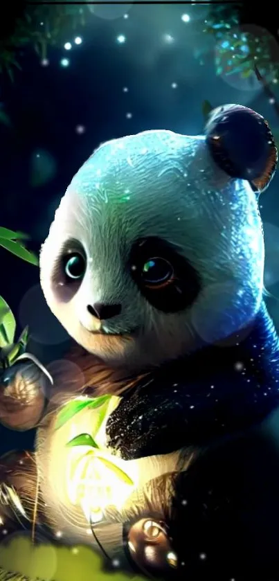 Cute glowing panda holding a lantern in a mystical forest setting.