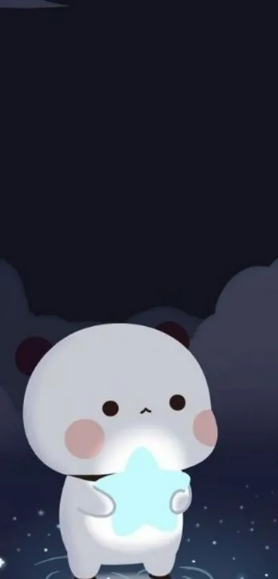 Cartoon panda holds glowing star under dark sky.