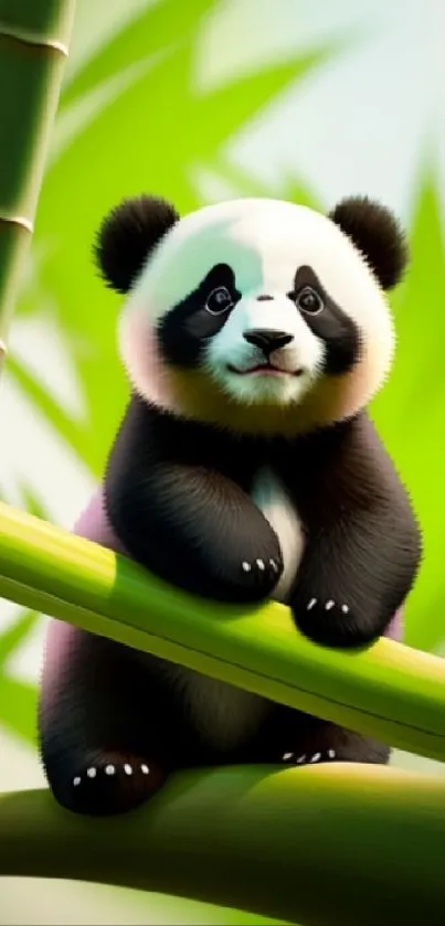 Adorable panda perched among bamboo stalks in a lush green background.