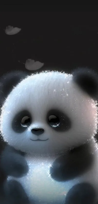 Adorable fluffy panda on a dark backdrop, whimsical mobile wallpaper.