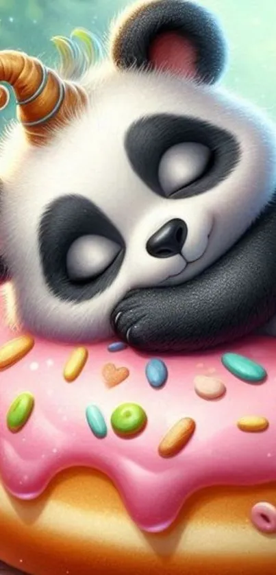 Adorable cartoon panda sleeping on a pink donut with sprinkles.