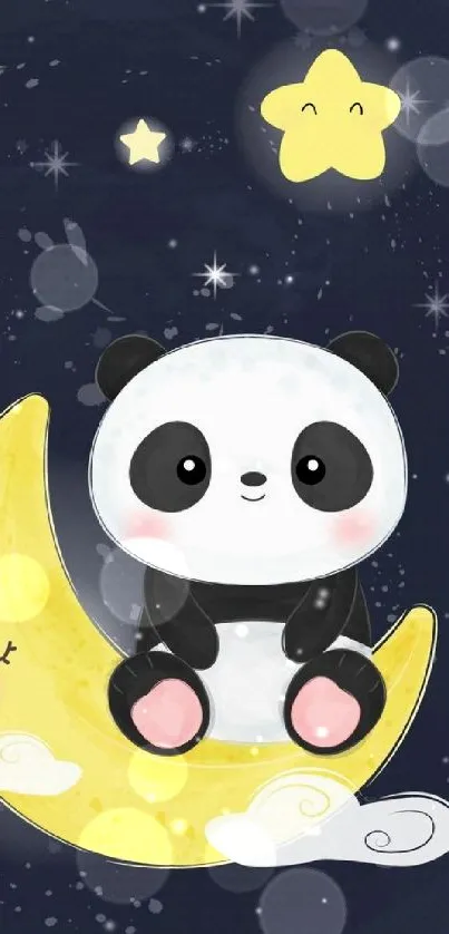 Cute panda on crescent moon with stars.