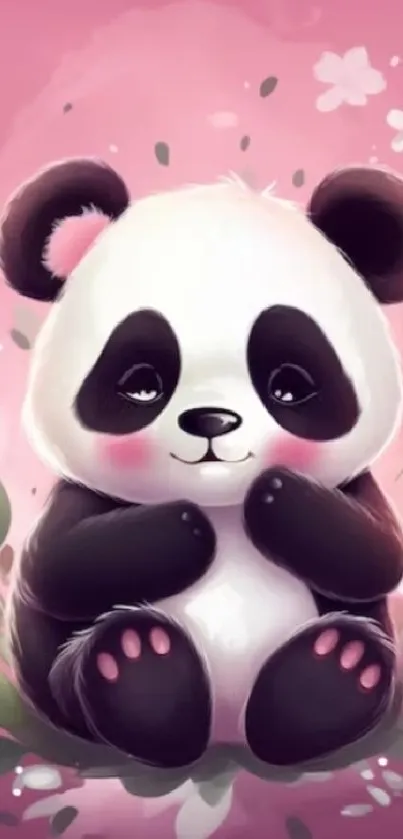 Adorable cartoon panda on a pink floral background.