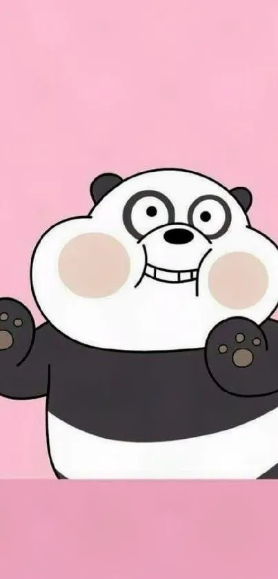 Cartoon panda waving on a pink background.