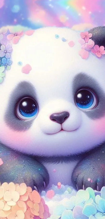 Adorable pastel panda with flowers in dreamy hues on your phone screen.