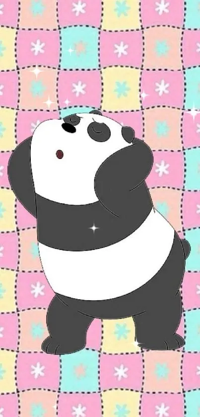 Cute panda cartoon on pastel patchwork wallpaper.