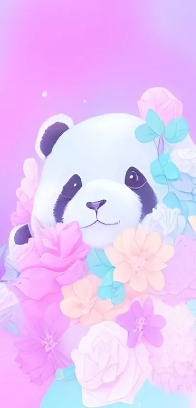 Cute pastel pandas with colorful flowers in a dreamy background.