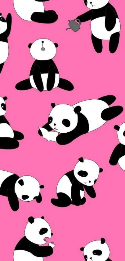 Cute panda illustrations on pink wallpaper.