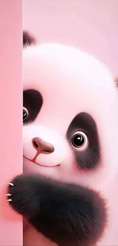 Cute cartoon panda peeking on pink background wallpaper.