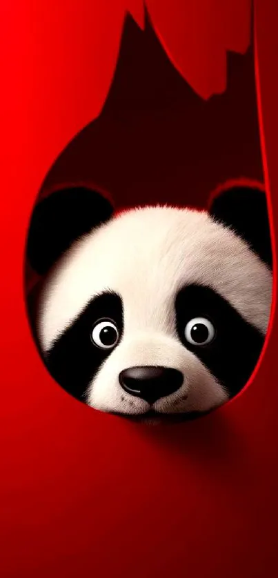 Cute panda peeking through red backdrop, mobile wallpaper.