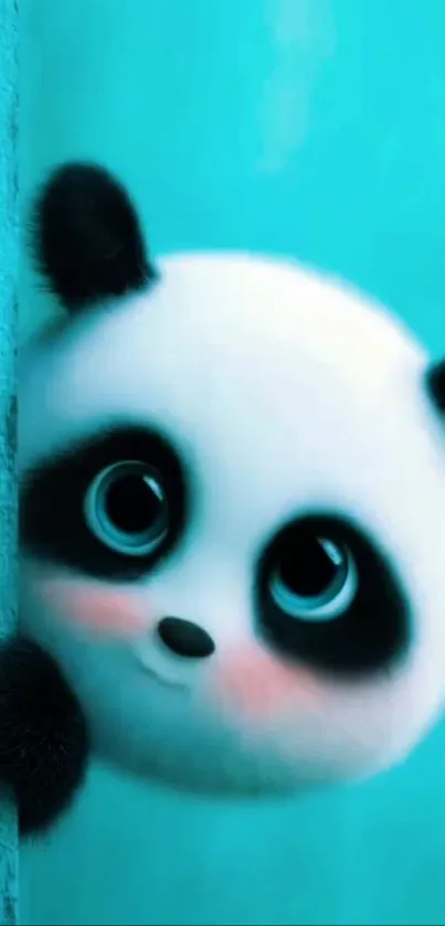 Cute cartoon panda peeking on a cyan background.