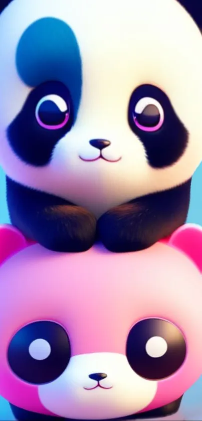 Cute black and white pandas with pink background on phone wallpaper.