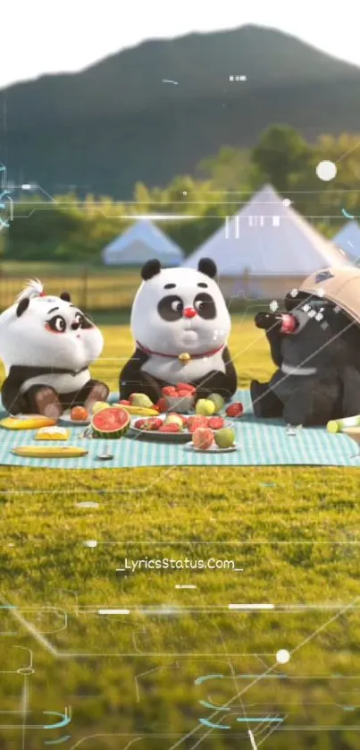 Three pandas enjoying a picnic on a sunny day with green mountains in the background.