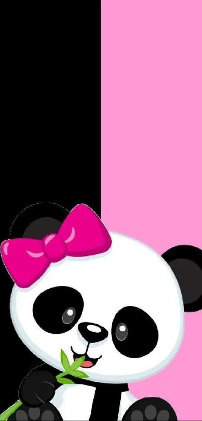 Cute panda with pink bow on pink and black background wallpaper.