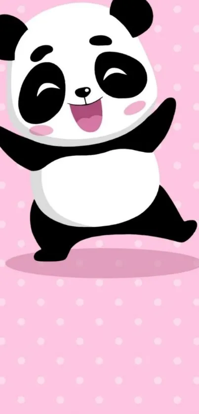 Cute cartoon panda on pink polka dot background.