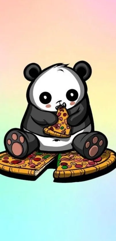 Cartoon panda eating pizza with pastel background.