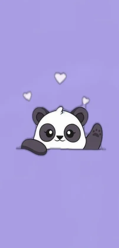 Cute purple panda wallpaper with floating hearts.