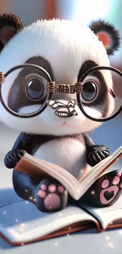 Cute panda with glasses reading a book.