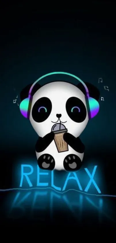 Cute panda with headphones and drink on a relaxing mobile wallpaper.