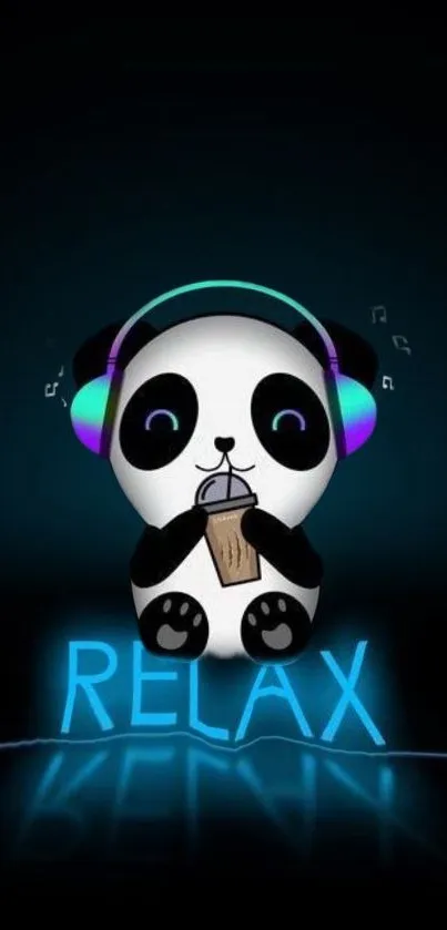 Cute panda wearing headphones with neon relax sign.