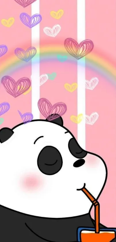 Cute panda sipping juice with rainbow and hearts on pink background.