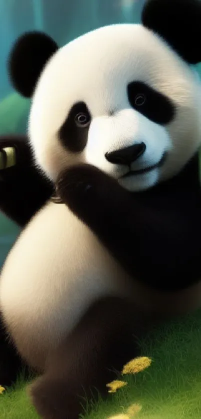 Cute panda sitting happily in lush green landscape, surrounded by flowers.