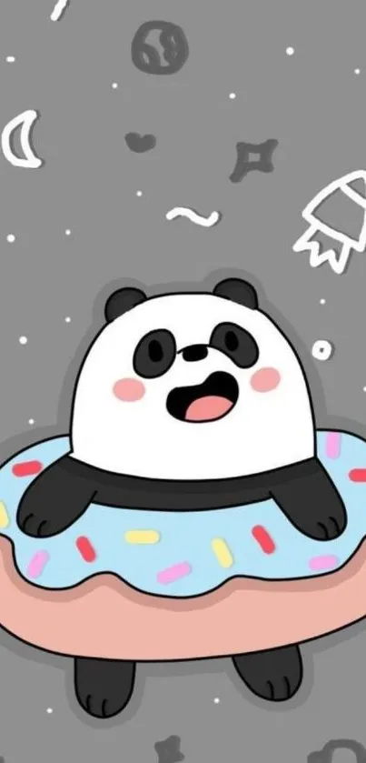 Cartoon panda in donut float with space theme.