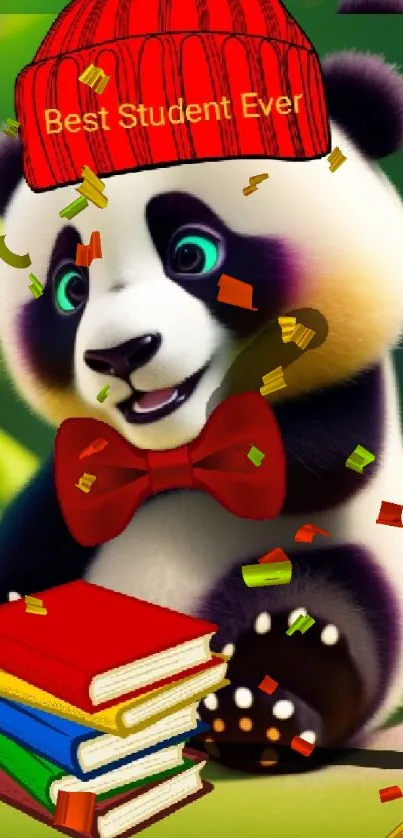 Illustration of a panda with books wearing a red hat and bow tie.