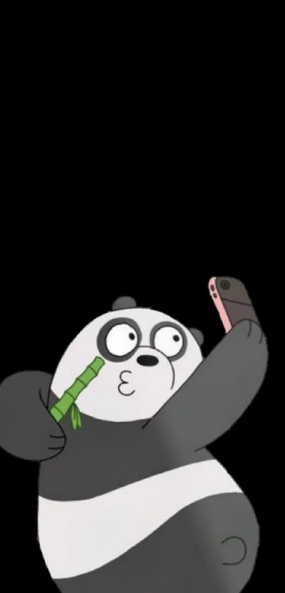 Cartoon panda taking a selfie with a phone on black background.