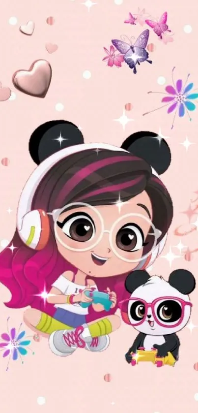 Cartoon girl with panda ears on a pink background, surrounded by decorative elements.