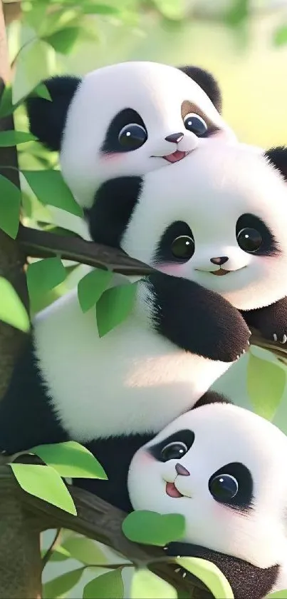 Adorable trio of panda cubs climbing a green tree in a cute wallpaper setting.