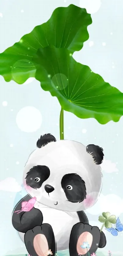 Adorable panda sitting under a large green leaf.