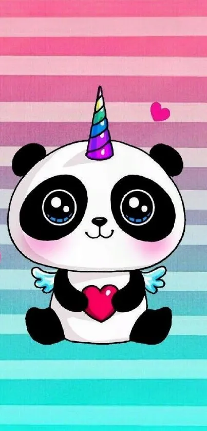 Cute cartoon panda unicorn on pastel stripes wallpaper with hearts.