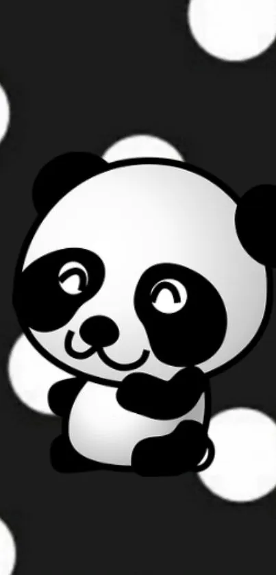 Cute cartoon panda on black polka dot wallpaper.