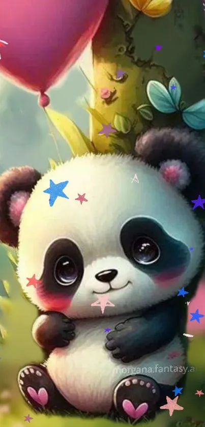 Cute panda with pink heart balloon in a colorful nature setting.