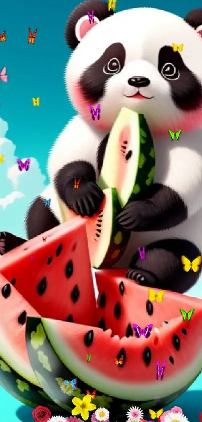 Cute panda holding watermelon slices against a bright blue sky background.
