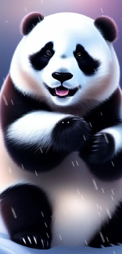 Playful panda on a snowy background, winter art.