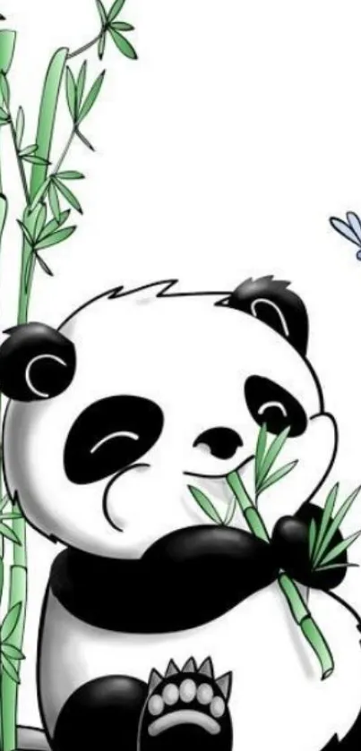 Cute panda hugging bamboo with a dragonfly.