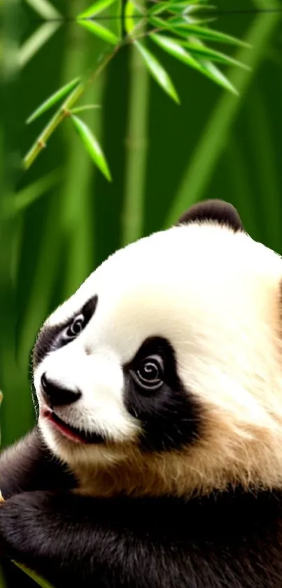 Adorable panda holding bamboo in lush green scenery.