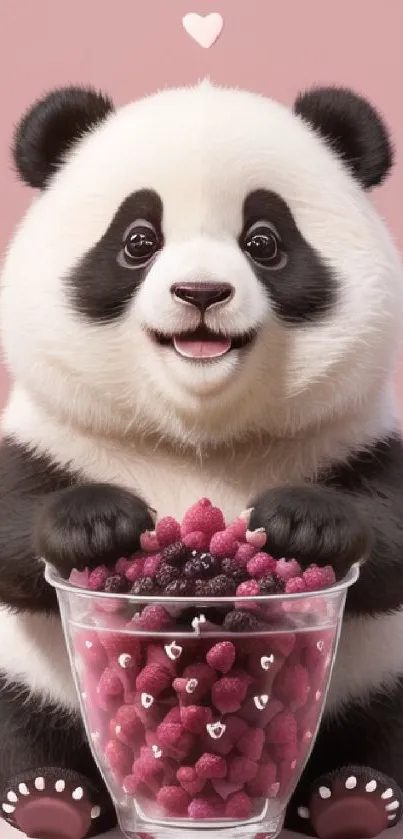 Cute panda holding berries on pink background.