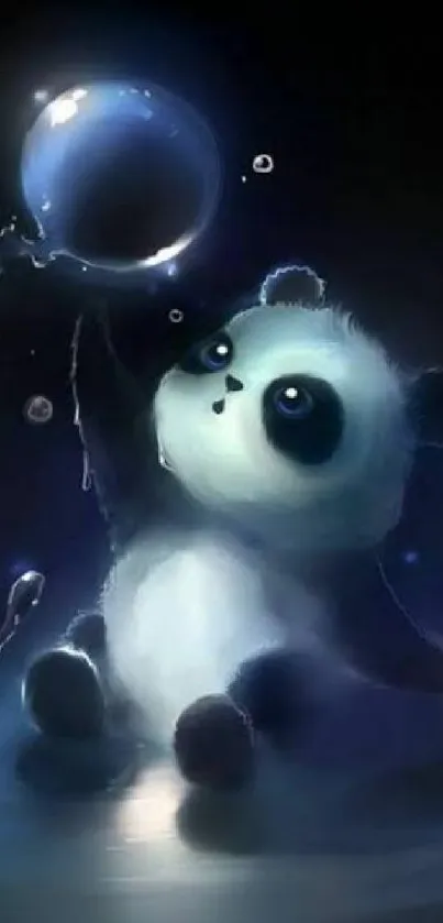 A cute cartoon panda reaches for a glowing bubble in a dark, whimsical scene.