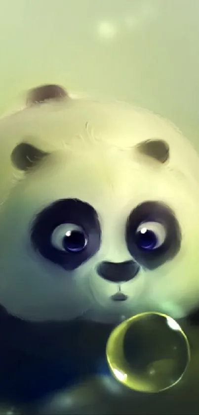 Cute panda with big eyes looking at a bubble on a green background.