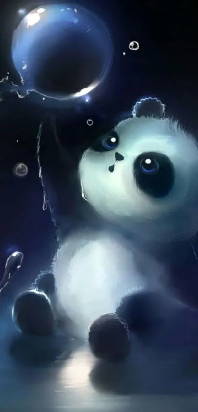 Cute panda playing with a glowing bubble in a mystical scene.