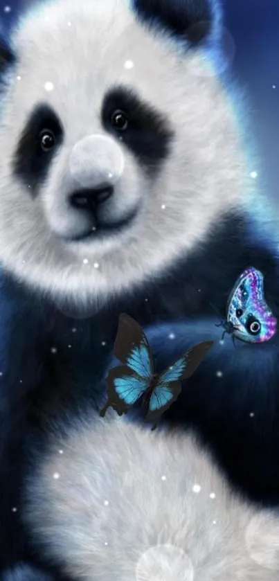 Adorable panda with butterflies in blue tones.