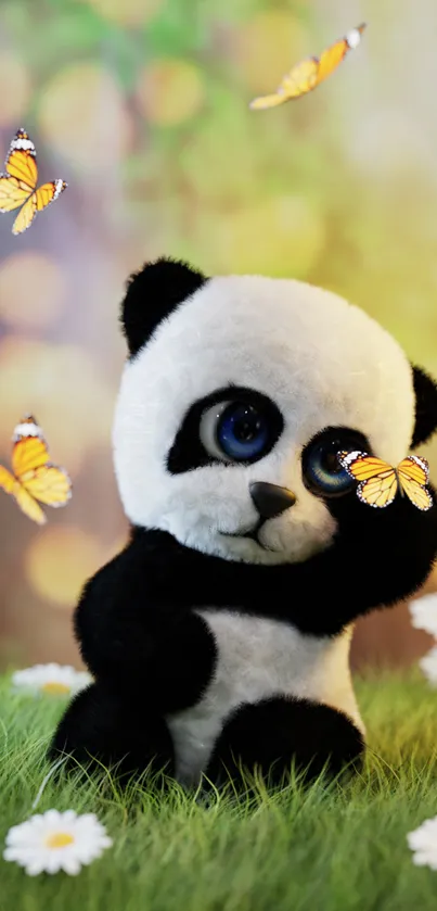 Cute panda with butterflies in meadow scene.