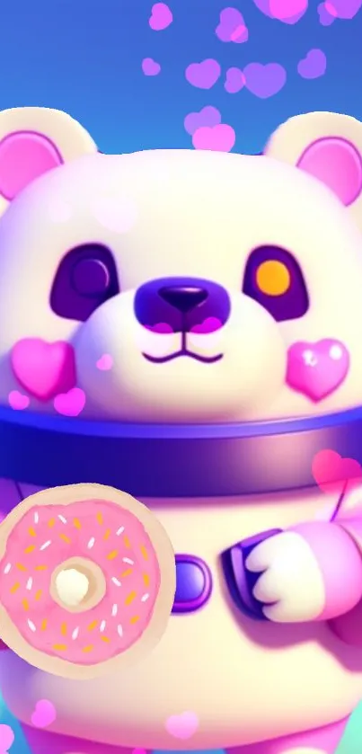 Cute panda holding a donut with pink hearts on a vibrant background.