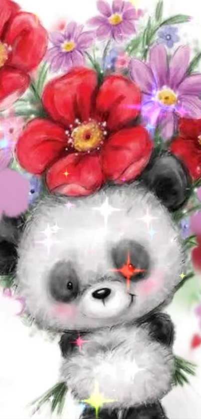 Cute panda holding vibrant red and purple flowers.